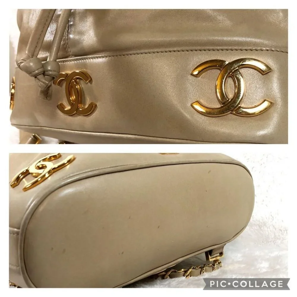 CHANEL CC Vintage Lambskin Beige Gold Backpack Bag Drawstring Chain - Picture 8 of 15
